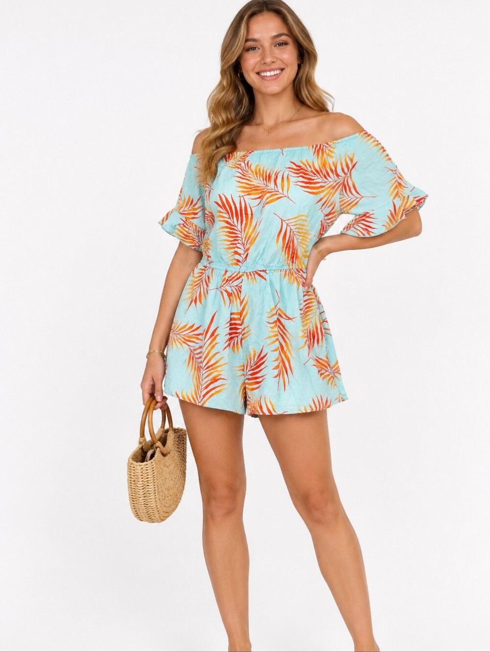 Cupshe Tropical Palm Leaf Off Shoulder Romper – Size S - MISSING BELT ON WAIST